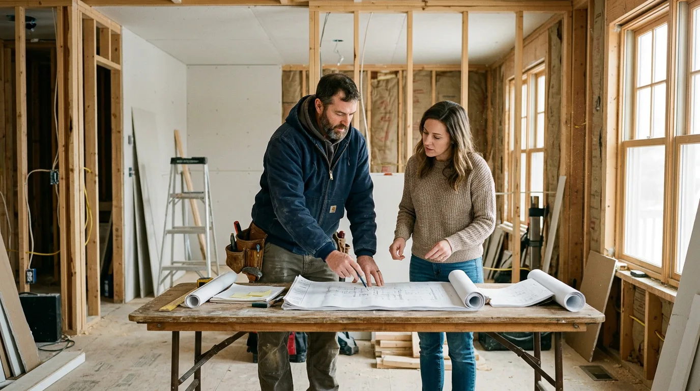 Builder and homeowners reviewing renovation plans
