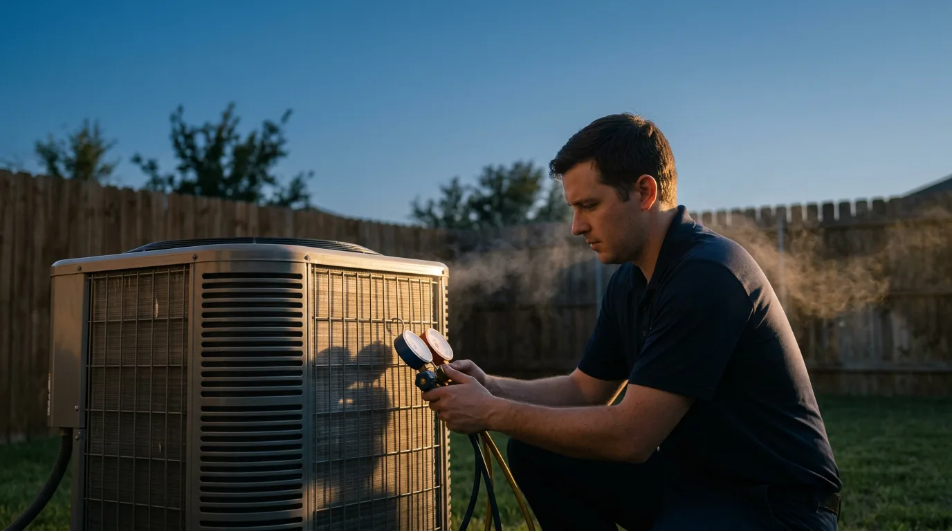 HVAC technician inspecting an outdoor condenser