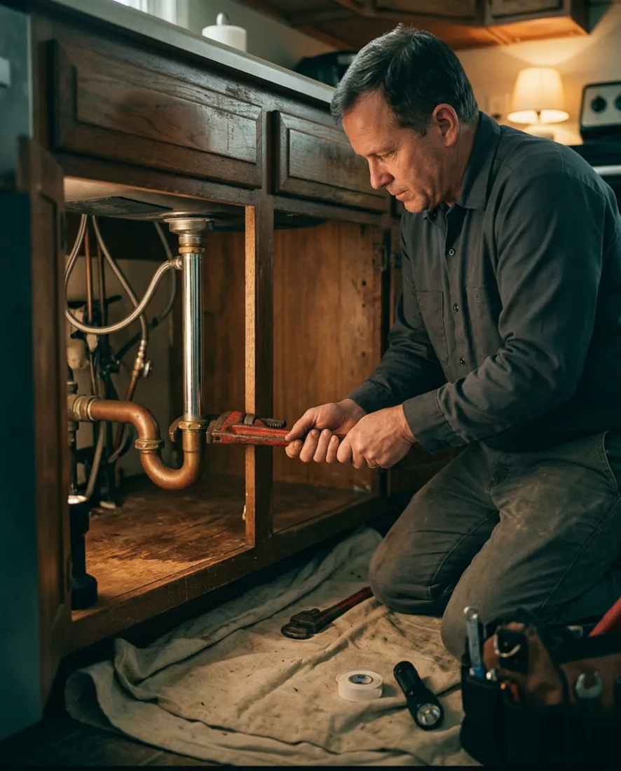 Plumber inspecting copper plumbing