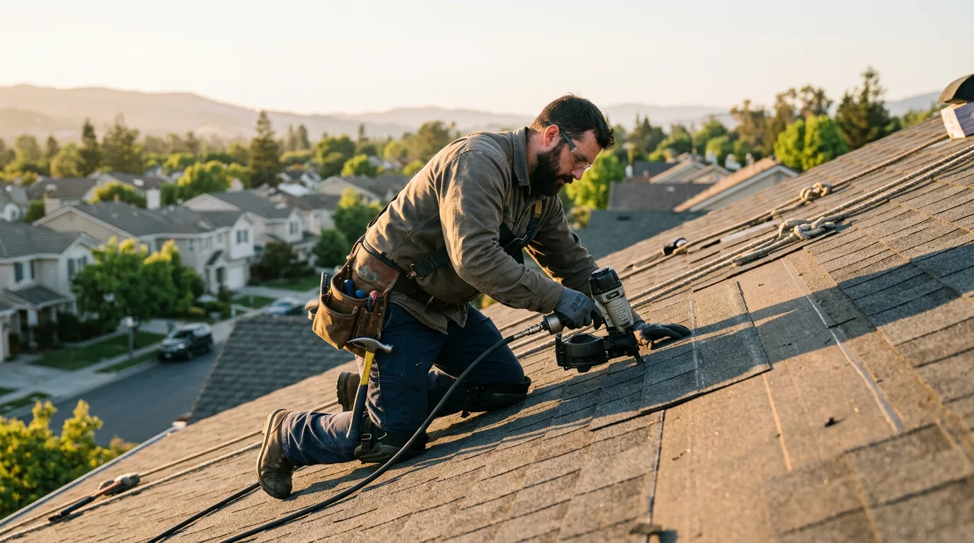 Roofer working on shingles